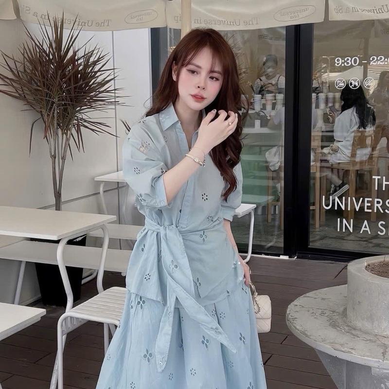 SET BỘ ÁO BUỘC EO THÊU HOA NỔI KÈM CHÂN VÁY DÀI - Hân Linh shop 1