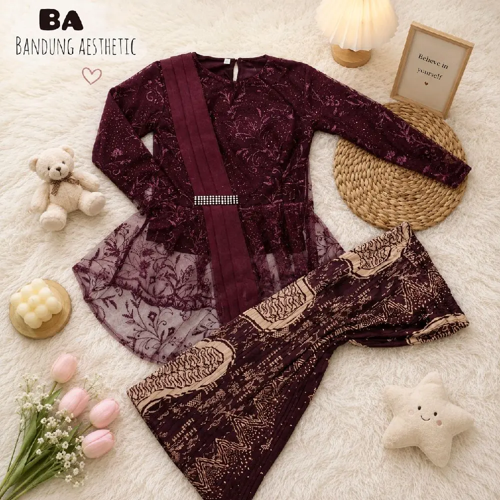 Baju Kebaya Anak Perempuan Modern Selendang Lengan Panjang ROK PLISKET Motif Bunga Fashion Setelan SD Ukuran M 3-4 Tahun Setelan Resmi Brukat