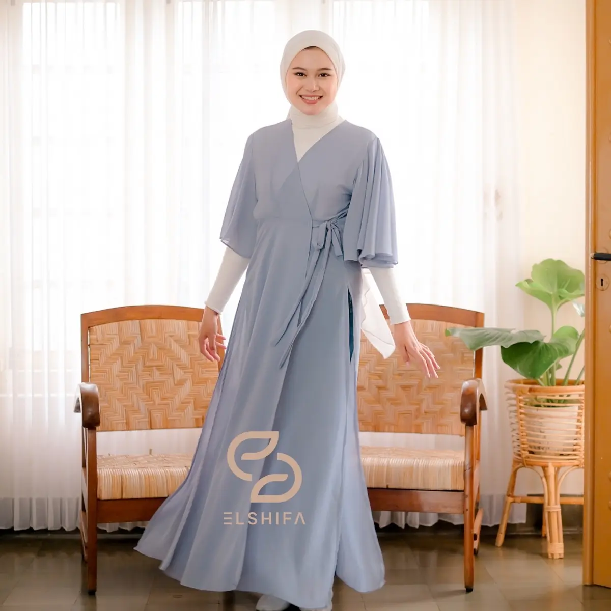 LILY LONG OUTER KIMONO LENGAN TEROMPET BAHAN CERUTTI BABYDOL By Elshifa muslim panjang cardigan  dress Wanita Baju Ceruty  Dewasa  Kardigan Katun Kondangan