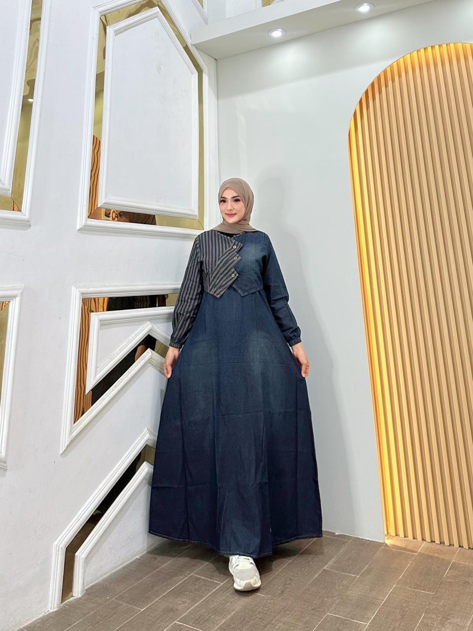 Prily Gamis Rompi Jeans Salur Fashion Muslim Wanita Kekinian