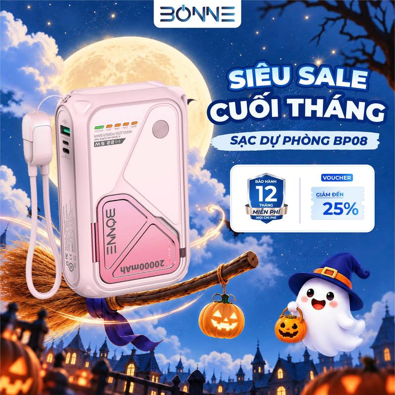 Sạc Dự Phòng Bonne TECHNOLOGIQUE BP08 10.000mAh/20.000mAh Không Dây Kiêm Củ Sạc Nhanh Bảo Hành 12 Tháng