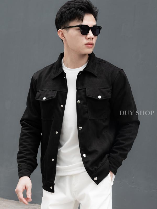 Áo khoác da lộn Nam 228 cổ bẻ cúc bấm có túi thiết kế nam tính lịch sự trưởng thành chất liệu co dãn thoải mái bên trong lót gió lụa màu đen kem ghi DUYSHOP Menswear Jacket