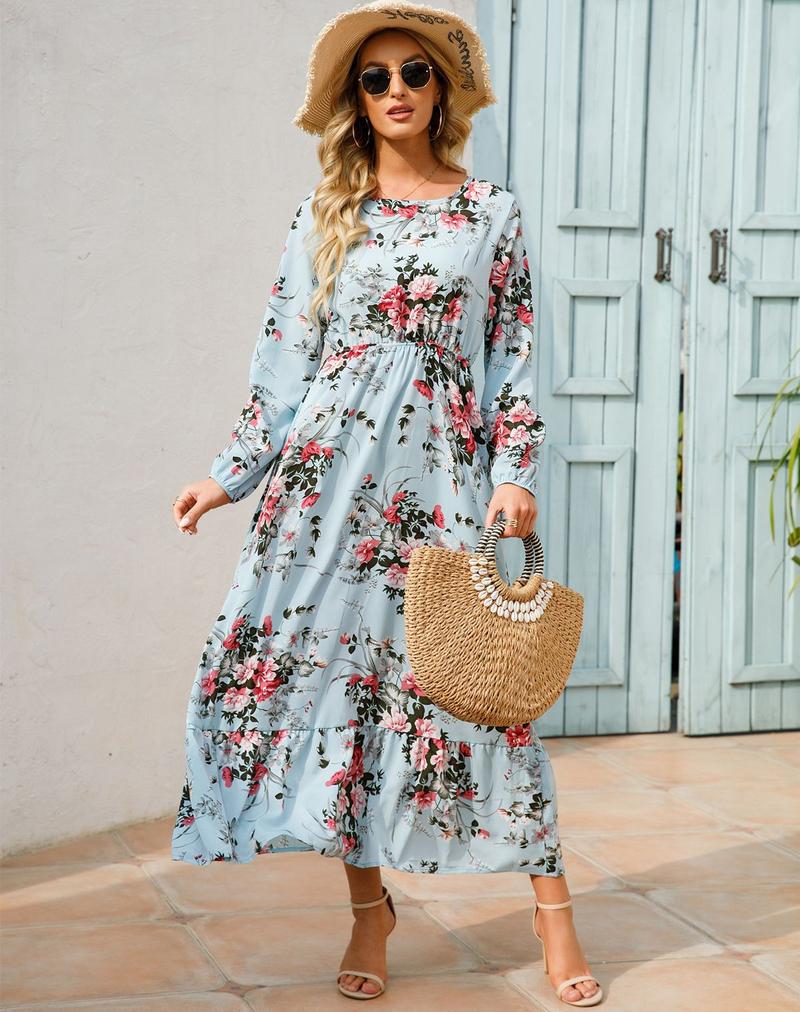 Product Introduction of Cross-Border Foreign Trade Spring and Autumn Floral Chiffon Dress Waist-Controlled Slimming Long Sleeve round-Neck Long Printed Dress Women's 18
