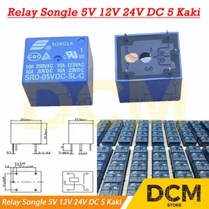 Relay Songle 5V 12V 24V DC 5 kaki pin relay SRD 5VDC 12VDC 24VDC 10A