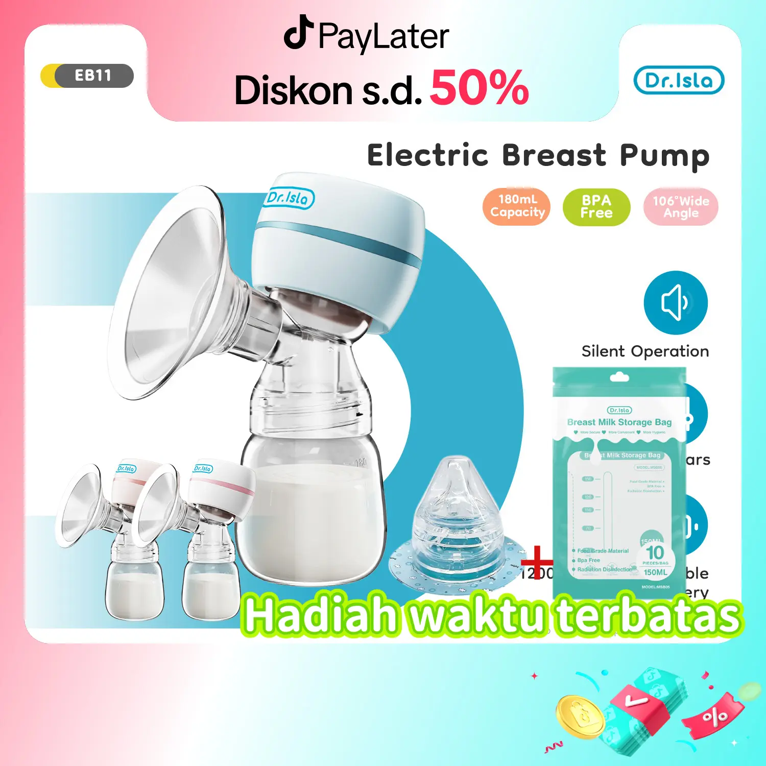 【Kantong ASI gratis】Dr.isla EB11 Pompa ASI Elektrik Tanpa Kabel Desain Sisi Tunggal Ideal untuk Bayi Baru Lahir Hisap Kuat Dapat Diisi Ulang Sepenuhnya Otomatis Portabel Bebas BPA Nyaman Digunakan Tanpa Rasa Sakit Ibu