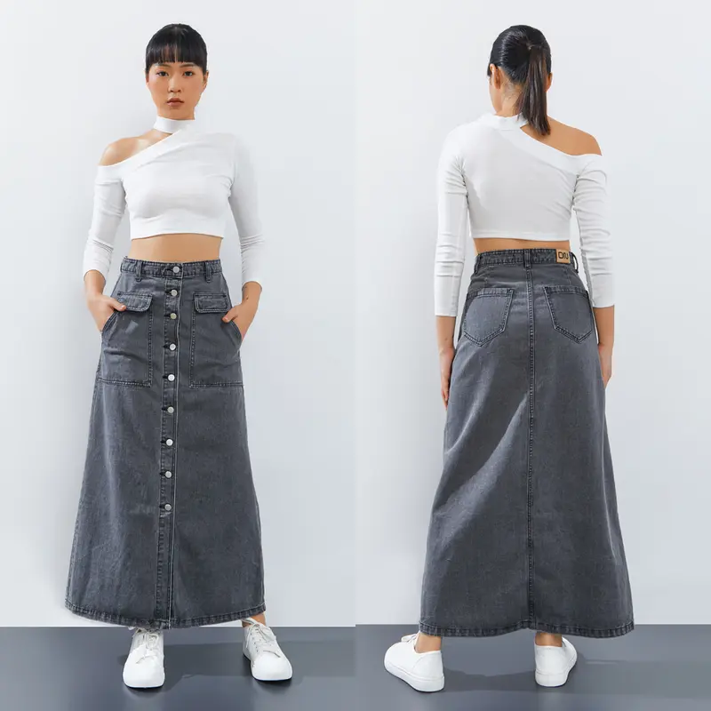 Onetta -  HARPER (Light Grey) - Rok Jeans  Maxi Panjang  Denim Wanita  Kerja High Waist A Line Hijab Friendly Motif Kancing 0