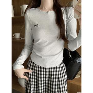 Áo Thun Nữ Dài Tay Cổ Tròn, Hàng Mới Về Mùa Thu, Eo Gấp, Thêu Nơ Bó Sát Áo Sang Trọng Cay Ngọt Ngào 7684 #