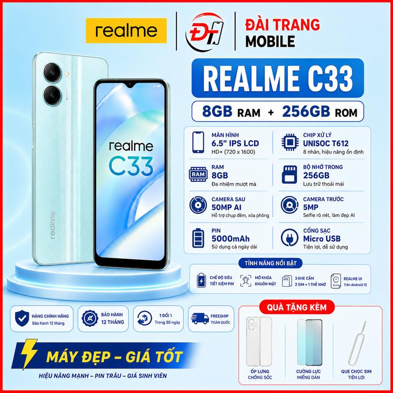 /2ND HAND/ Realme C33 - Điện Thoại 8GB/256GB, Màn Hình 6.5" IPS LCD, Pin 5000mAh, Camera 50MP AI, Hỗ Trợ 2 SIM