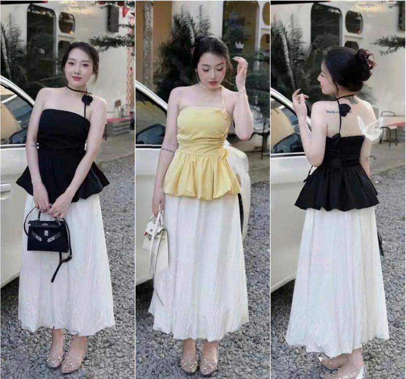  Sét áo lụa cúp ngực mocking sau kèm dây quàng cổ đính bông và chân váy dáng dài 2 lớp cực xinh đành cho các nàng diện đi chơi đi tiệc 