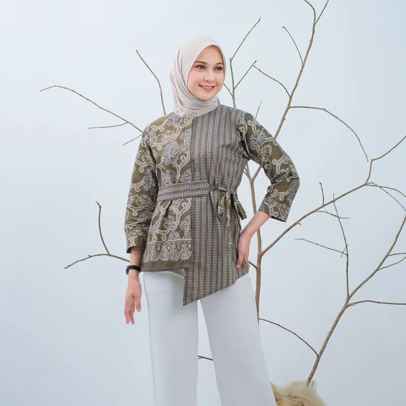 Baju Batik Wanita Lengan Panjang Motif Daun Waru Modern Monalisa Genes Blouse Bahan Katun Basic Asli Pekalongan 2