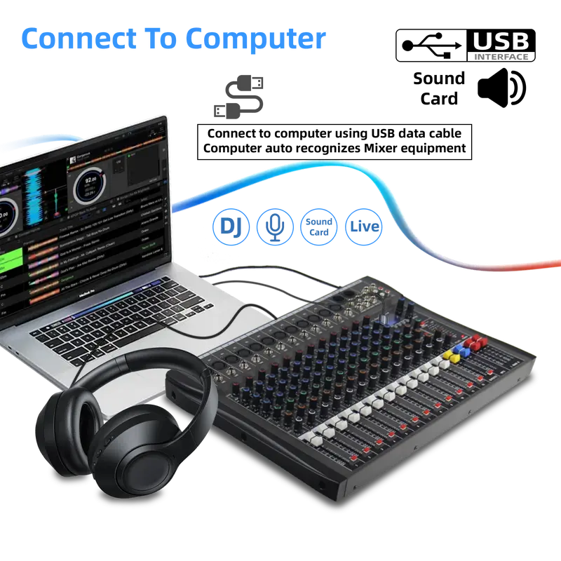 Mixer Saluran MOREFAND CT-6/8/12 channel , Equalizer 3-Band, dilengkapi dengan Efek Reverb dengan Pengulangan dan Penundaan, mendukung koneksi Bluetooth, USB, PC, Pemutar MP3, Output XLR, Pemantauan Rekaman - Amplifier Subwoofer, Audio Mixer 4