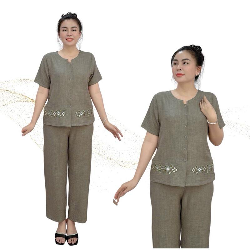  Y42 Đồ Bộ Trung Niên Chất Đũi Vân Mây Quần Dài Tay Ngắn Họa Tiết Thêu Nút Cài Thật Mặc Thoải Mái Ở Nhà Hay Đi Chơi Women Nữ Size M L XL 2XL 