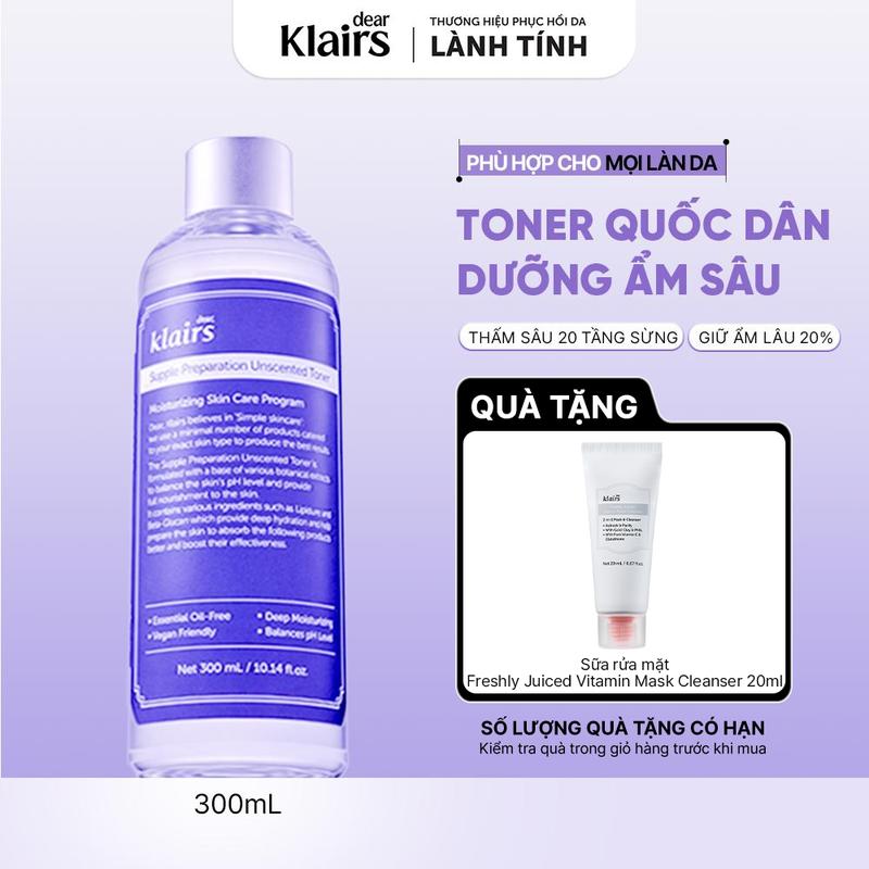 Nước hoa hồng cấp ẩm Dear, Klairs Supple Preparation Unscented Toner 300ml