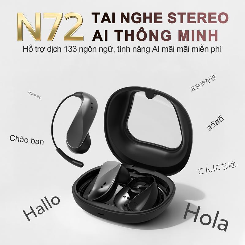  KY N72 Tai Nghe Dạng Mở Tai nghe AI dịch đồng thời Có thể dịch được 133 ngôn ngữ Dịch trực tiếp khi gọi video xem phim  hiển thị chữ  Âm thanh HiFi Chất liệu mảnh dẻ linh hoạt IPX5 chống nước chống bụi Bluetooth 6.0 Đeo nhẹ không cảm giác 