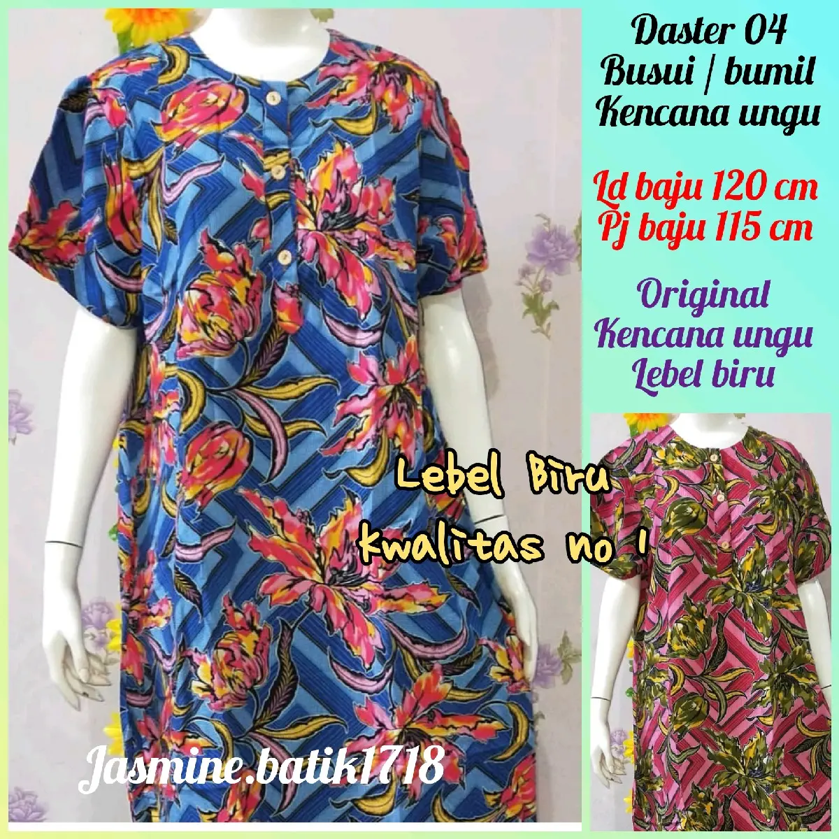 Daster 04 kancing/Busui kencana ungu original lebel biru