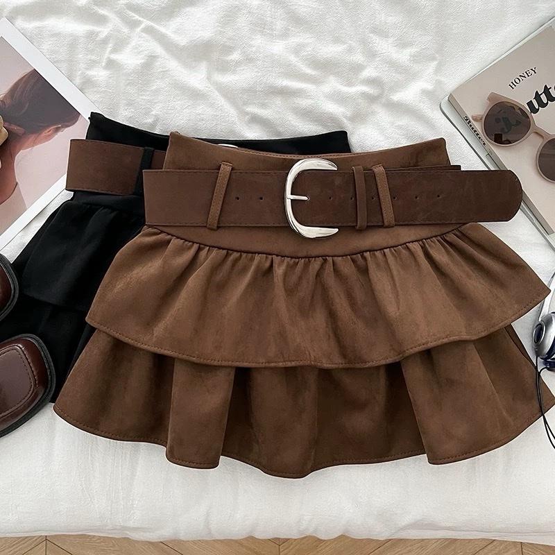 L1- Chân Váy Da Lộn 2 Tầng #2768 Cạp Cao Kèm Đai Có Quần Bảo Hộ Nữ Women