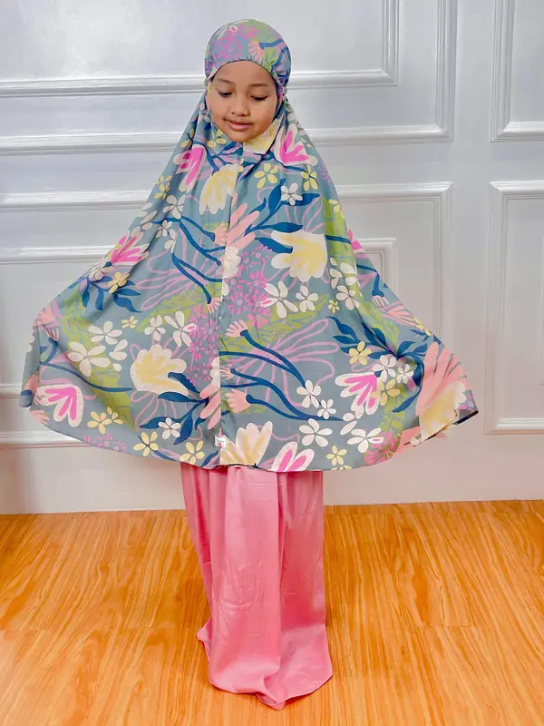 Mukena Anak Flower Series 2 in 1 Bahan Rayon Premium Lembut Nyaman Usia 4-13 Tahun Pouch Serut By KAL COLLECTION 3