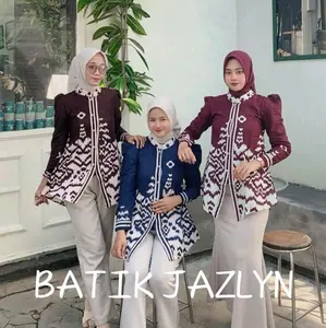 Atasan Batik Wanita Baju Batik Kantor Blus Batik Lengan Panjang motif cemara Katun Cewek Kerja