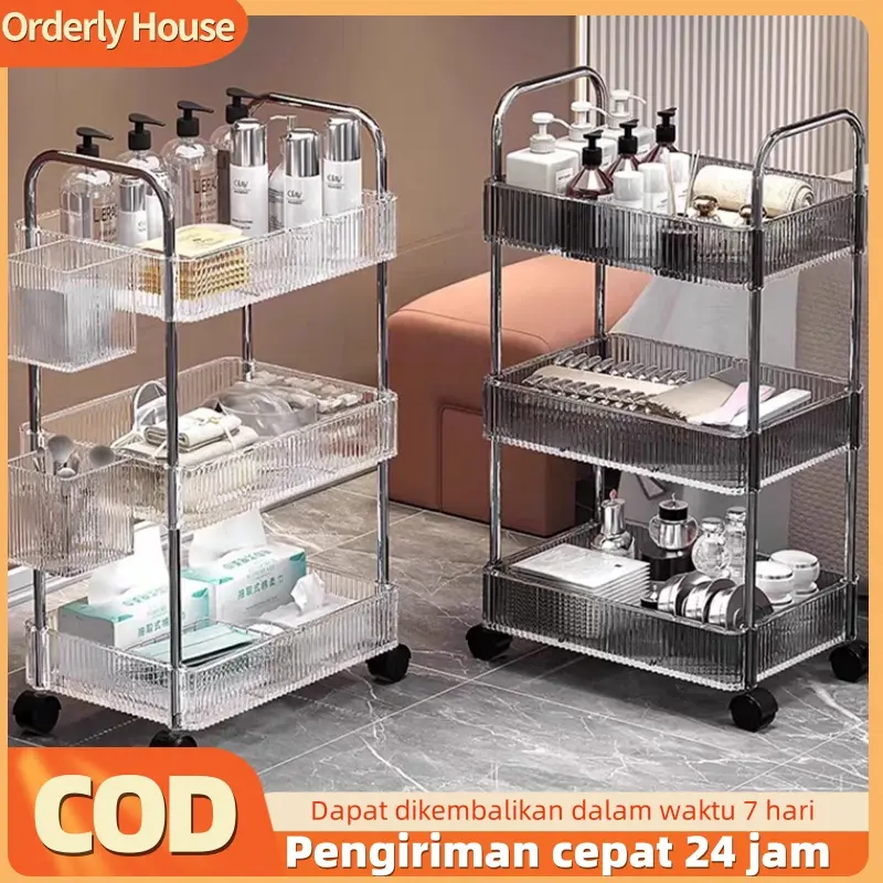 [COD 24h shipping] Rak penyimpanan dua tingkat multifungsi rak penyimpanan tiga tingkat rangka stainless steel dilengkapi roda digunakan di ruang tamu kamar tidur dan kamar mandi kapasitas besar transparan dengan dua pegangan. rak sebag