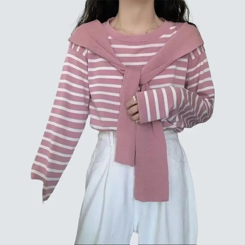 Syakila family - Alika Strip Knit Atasan Sweater Rajut Syal Baju Nyaman Panjang Santai Tangan Knitwear Bulat Crop Top Garis Casual Cardigan