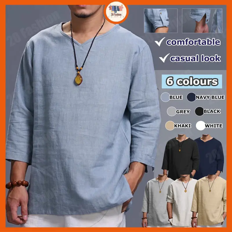 [Cadia] Men Long Sleeve Causal V Neck Baggy Shirt Men Vintage Loose 3/4 Sleeve V Neck Cotton Tops Menswear Human Beige