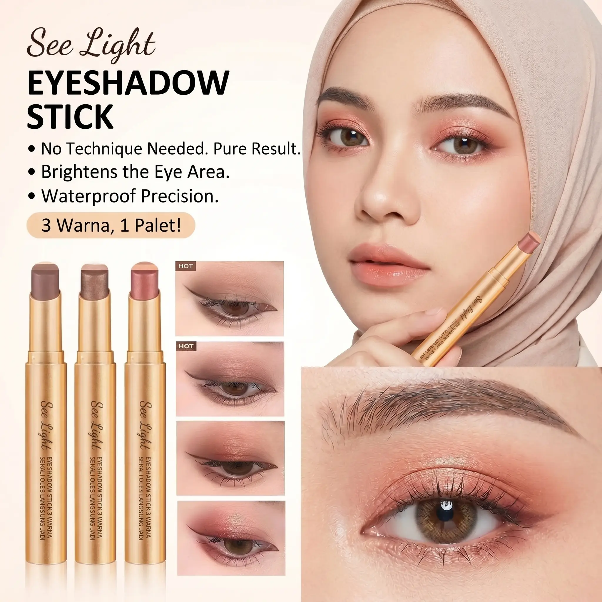 【COD】 See light Eyeshadow Stik 3 Warna dalam 1, Anti Air, Mudah Diaplikasikan, Cocok untuk Pemula