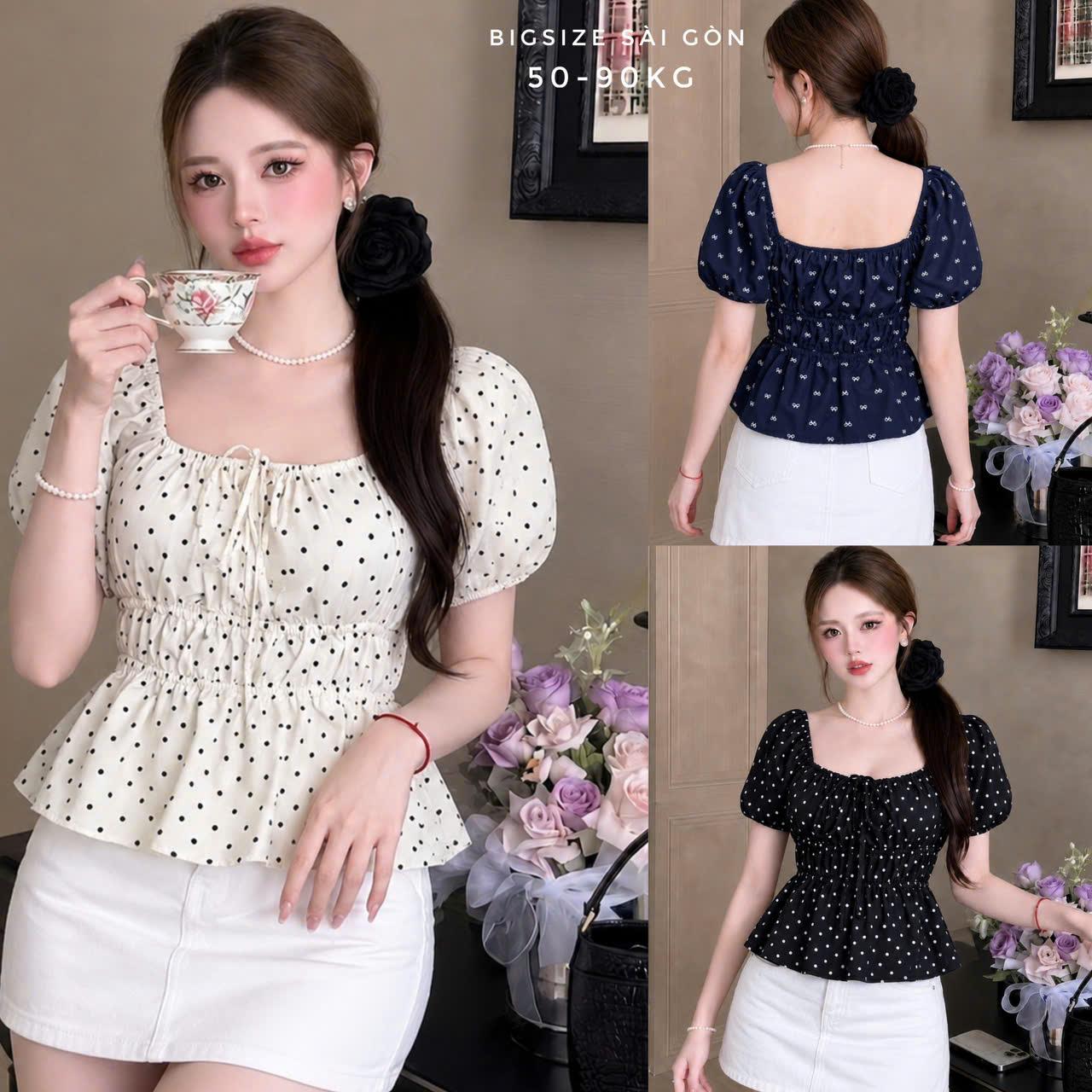 Áo Babydoll Nữ Có Bigsize, Áo Chấm Bi Tay Bồng Bo Chun Sau Form Che Dáng 50-90kg - B.1854