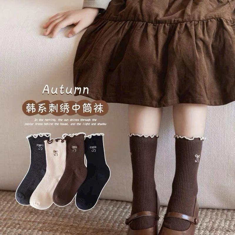 Set 10 ĐôiTất Cotton bé gái Thu đông Phong cách mới Màu cà phê Nơ giữa ống Tất thể thao Tất trẻ em Công chúa dễ thương ngọt ngào