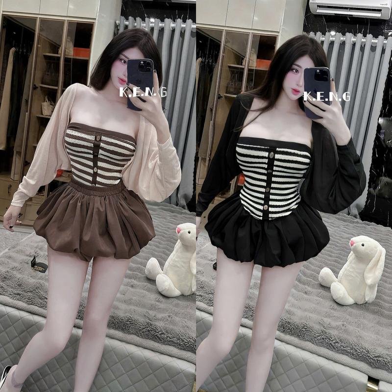  Set đồ nữ 3 món áo lót thun ren kẻ sọc cúp ngực kèm khoác thun giấy mix chân váy bí xinh xắn dành cho các nàng diện đi chơi. 