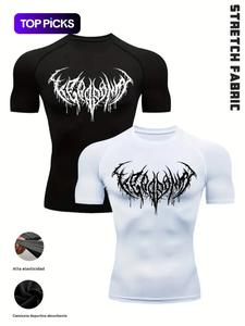 2pcs Camisetas Góticas Deportivas para Hombre - Estampado de Alas, Costuras Antideslizantes para Entrenamientos Intensos, Tela Elástica, Corte Ajustado, Blanco y Negro, Tops de Poliéster y Spandex para Fitness, Musculación y Estilo Urbano