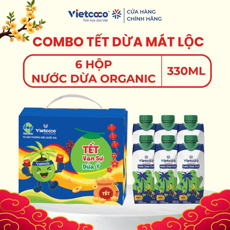   PHIÊN BẢN TẾT 2026 - TẾT DỪA MÁT LỘC 02  COMBO 6 HỘP Nước dừa tươi Premium Organic VIETCOCO - Hộp giấy 330ml 