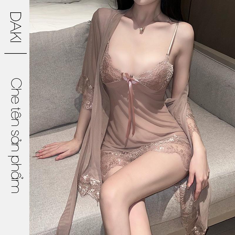Set đồ ngủ sexy DK08 nữ vải voan lưới mỏng gồm váy và áo choàng kiểu đầm 2 dây