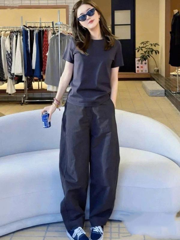 Set Đồ Nữ Áo Thun Nữ Basic Mix Quần Kaki Thời Trang Hàn Quốc Cá Tính Trẻ Trung Màu Xanh Than Mặc Đi Làm Đi Chơi S474