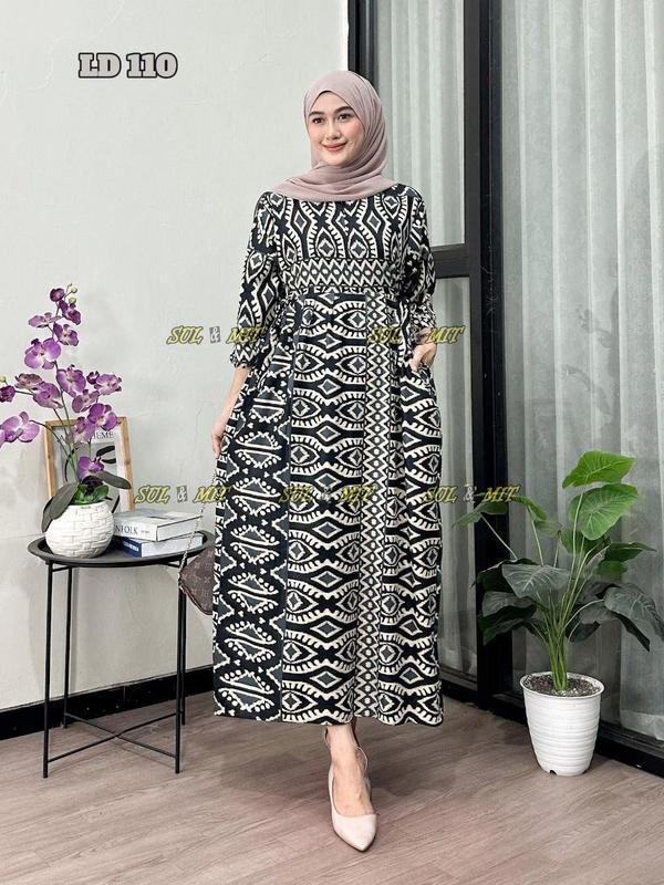 Baju Muslim Wanita Model Chibi Jumbo Busui Friendly dengan Tali Pinggang - Motif Kekinian - Casual Dress Nyaman Panjang Tebal Rayon Gamis Etnik Belah Samping 2