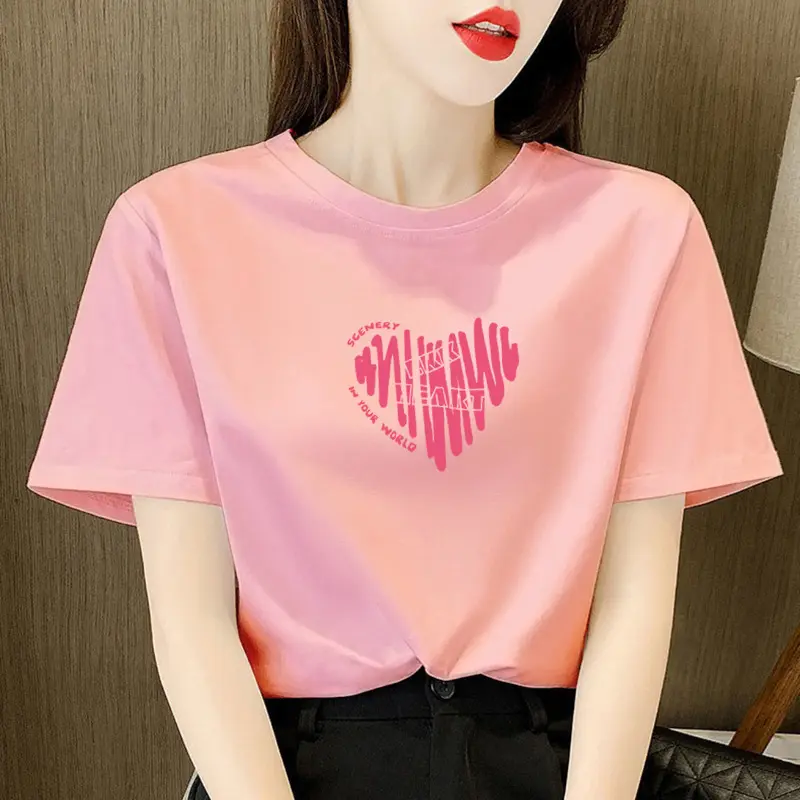 Áo Thun ngắn Tay Áo, Cotton Hạng Nặng, Dành Cho Nữ, Phong Cách Mùa Hè Hàn Quốc, Mỏng Vừa Vặn, Cổ Tròn, Thiết Kế In Hình, Tay Lửng Áo, Áo Sơ Mi Lớp Nền