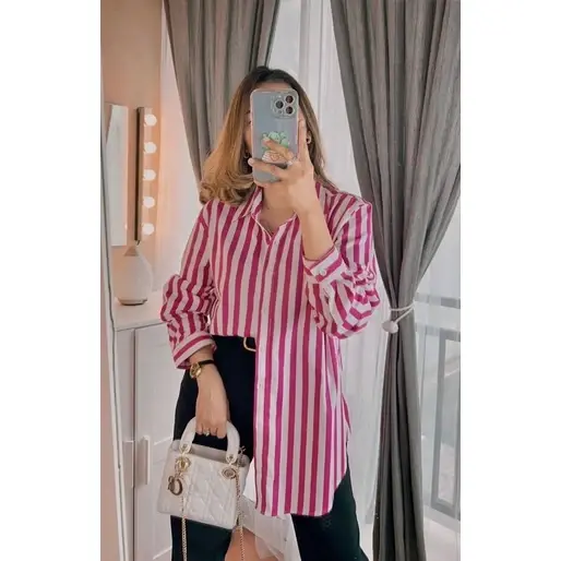 Kemeja Wanita Motif Silang Belakang Stripe Garis Salur Bahan Polly Rayon 3