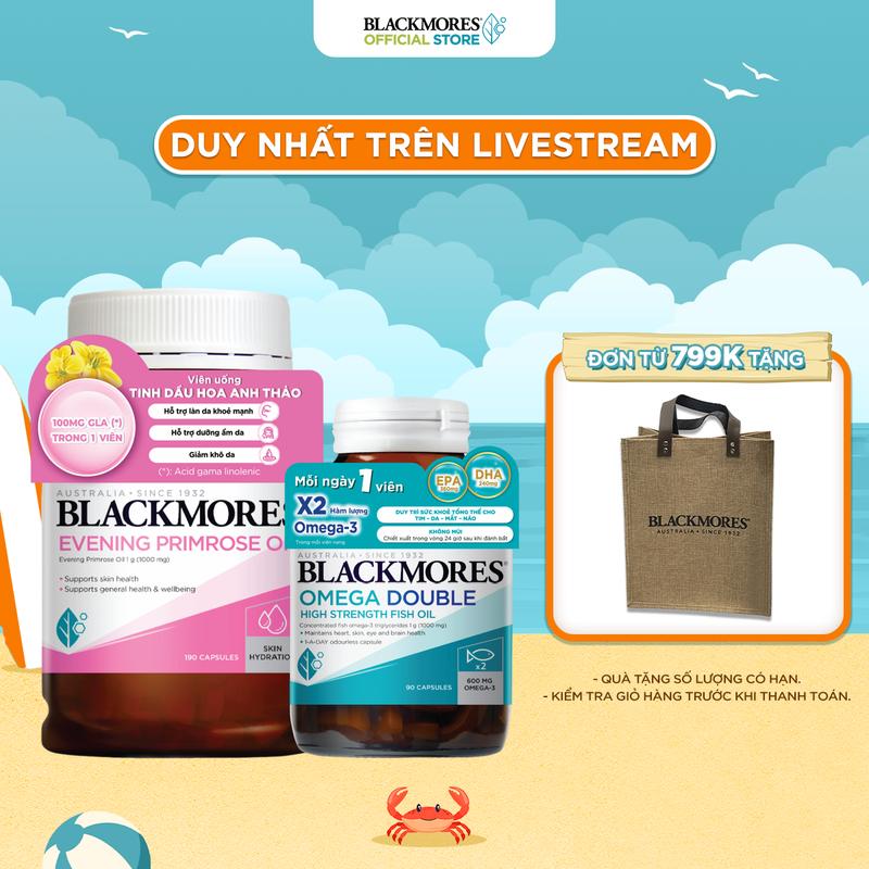 Combo Tinh Dầu Hoa Anh Thảo Hỗ Trợ Cân Bằng Nội Tiết Tố BLACKMORES Evening Primrose Oil Lọ 190 Viên và Viên Uống Dầu Cá Bổ Sung Omega Hỗ Trợ Cho Tim, Mắt và Da BLACKMORES DOUBLE Omega HIGH STRENGTH Lọ 90 Viên