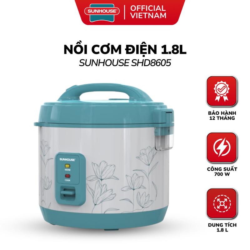 Nồi Cơm Điện 1.8 Lít Sunhouse SHD8605 - Phù Hợp Gia Đình 4-6 Người, Bảo Hành 12 Tháng