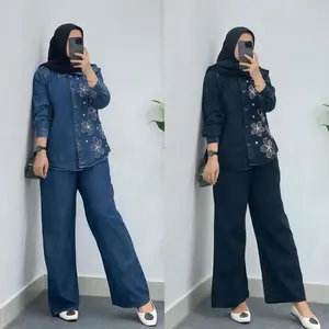 Zifana~Anjani Setelan Jeans Bodir Bunga Terbaru dengan Detail Ukuran Lingkar Dada 110cm hingga 120cm