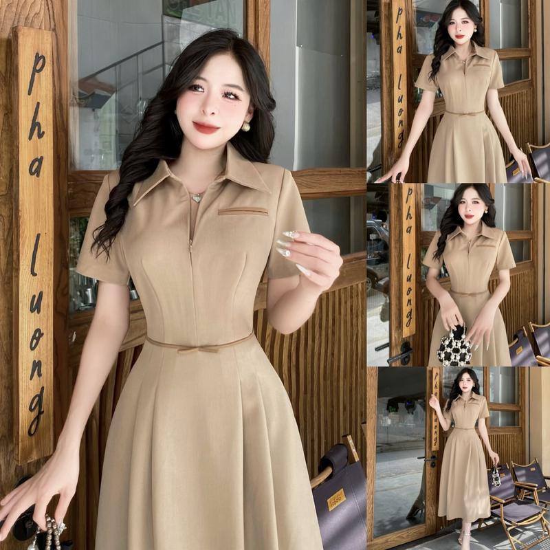 CE54 - Váy Thiết Kế Evii dành cho nữ Đầm thiết kế cổ đức phối khóa kéo trước ngực túi tạo điểm nhấn đai may liền dáng A xòe dài phù hợp đi làm đi chơi và đi dự tiệc. Có Bigsize Women Dress