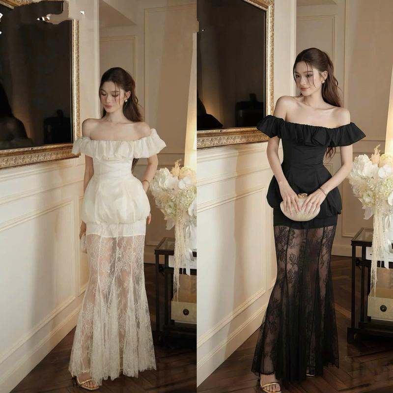  SB1X6  Sét Bộ Thiết Kế ÁoTrễ Vai Chân Váy Ren Đui Cá Bigsize Kim Ngân  S M L XL XXL  