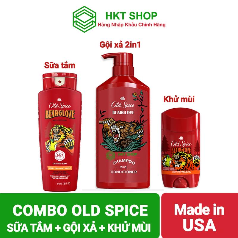 Combo dầu gội sữa tắm lăn khử mùi Old Spice timber Bearglove Pure Sport - HKT Shop Dưỡng Body