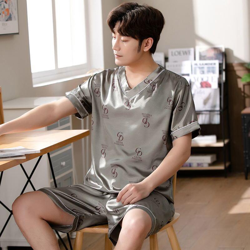 Bộ Đồ Ngủ Lụa Lạnh Dành Cho Nam Giới, ngắn Tay Áo, Mỏng Và Rộng Rãi, Cỡ Lớn, Làm Bằng Lụa Nhân Tạo, Bộ Đồ Hai Mảnh, Thích Hợp Cho Mùa Xuân Và Mùa Hè, Mặc Nhà Menswear Nhung 5