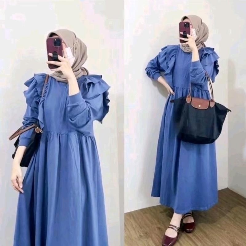 Gamis Panjang Wanita Variasi Ruffle Meldi Dress Muslim Crinkle Airflow | Gamis Kondangan Nyaman | Gaun Pesta Santai Mewah 5