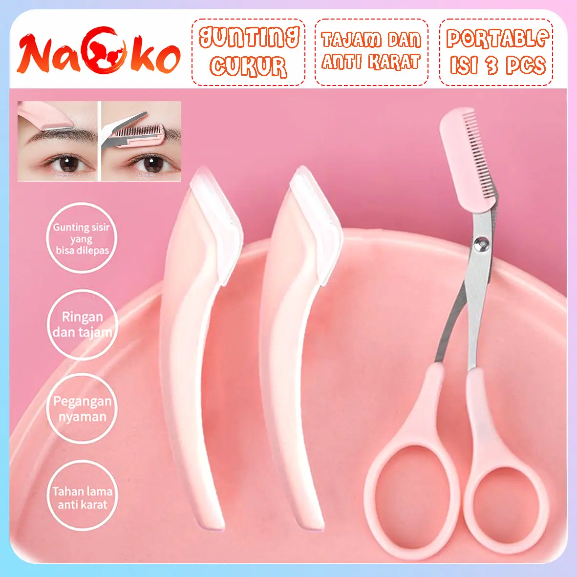 NAOKO Gunting Cukur Alis Set Dengan Sisir Eyebrow Trimmer Kit Pencukur Alis Eyebrow Untuk Kecantikan Alat Merapihkan Alis