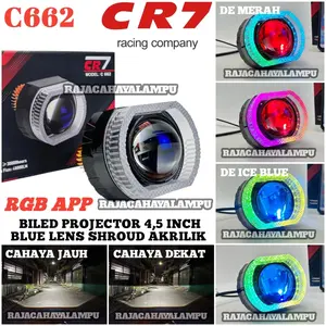 Lampu Biled Projector Asli 4'5 Inch C662 CR7 PRO Shroud Akrilik RGB APP Lensa Blue Lens Hi/Low Flat Cut Plus Kipas Pendingin Universal Motor Mobil