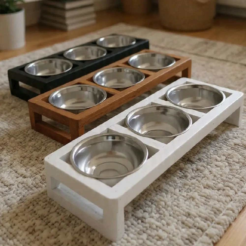 Tempat Makan Kucing Kayu Stainless Aesthetic dengan 3 Mangkuk Stainless Steel untuk Kucing Anda