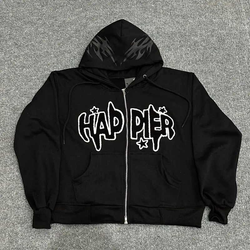 Hoodie Happier Jaket Boxy Zipper Unisex Sweater Fleece (Bordir Towel Timbul) Sweater Flecee Tebal Panjang Nyaman Pria|Wanita Distro nyala Fleece Oversize Jumper Keren Fit Katun Lembut Motif Santai Katun Lembut Motif Santai Hitam Topi