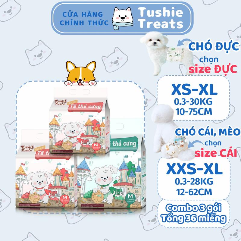 【Combo 3 gói Tã bỉm thú cưng Tushie Treats cao cấp bịch 12 miếng cho chó mèo, đủ size từ XXS-XL(0.5-30kg)