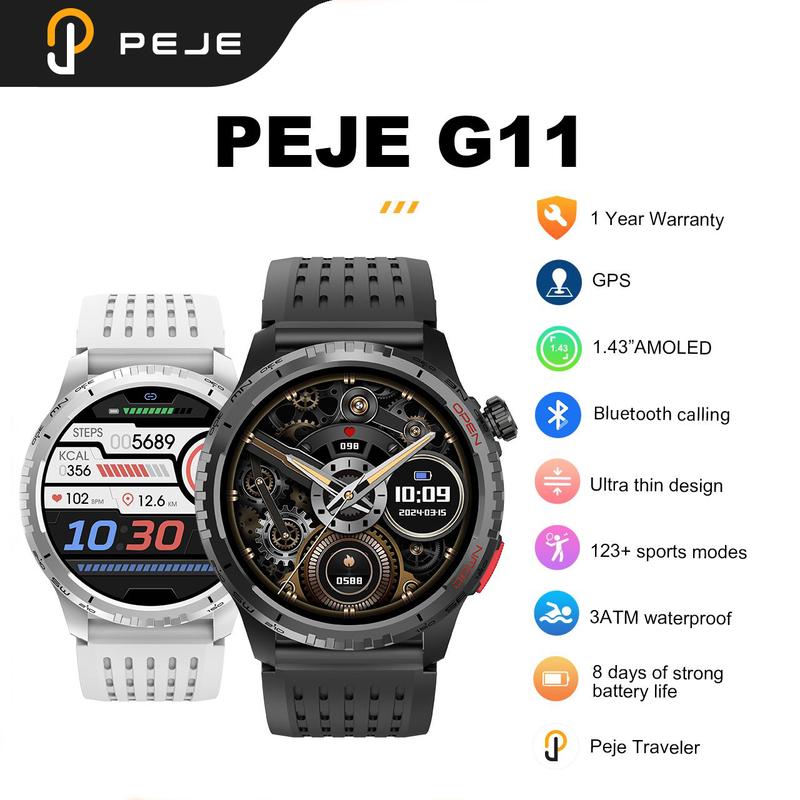 Đồng hồ thông minh GPS, PEJE G11, Màn hình AMOLED 1,43 inch, Chống nước 3ATM, Đo độ cao la bàn và áp suất khí quyển, Chế độ đa thể thao, Tin nhắn đẩy, Trả lời cuộc gọi điện thoại, Thích hợp cho người đi bộ đường dài, Đồng hồ thông minh